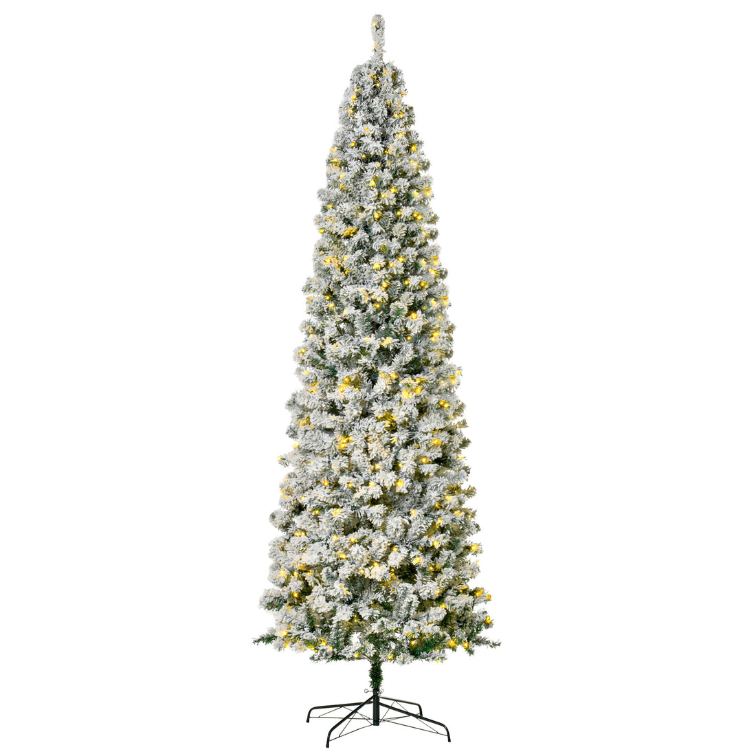 Homcom 9Ft Pre Lit Snow Flocked Slim Douglas Fir Artificial Christmas Tree With Realistic Branches, 550 Led Lights And 988 Tips Green Pvc