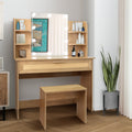 Vanity Desk Set Stool & Dressing Table With Led Lighting Mirror Drawer And Compartments Modern Wood Cosmetic Table Chest Of Drawers Nature Color Natural Wood Particle Board