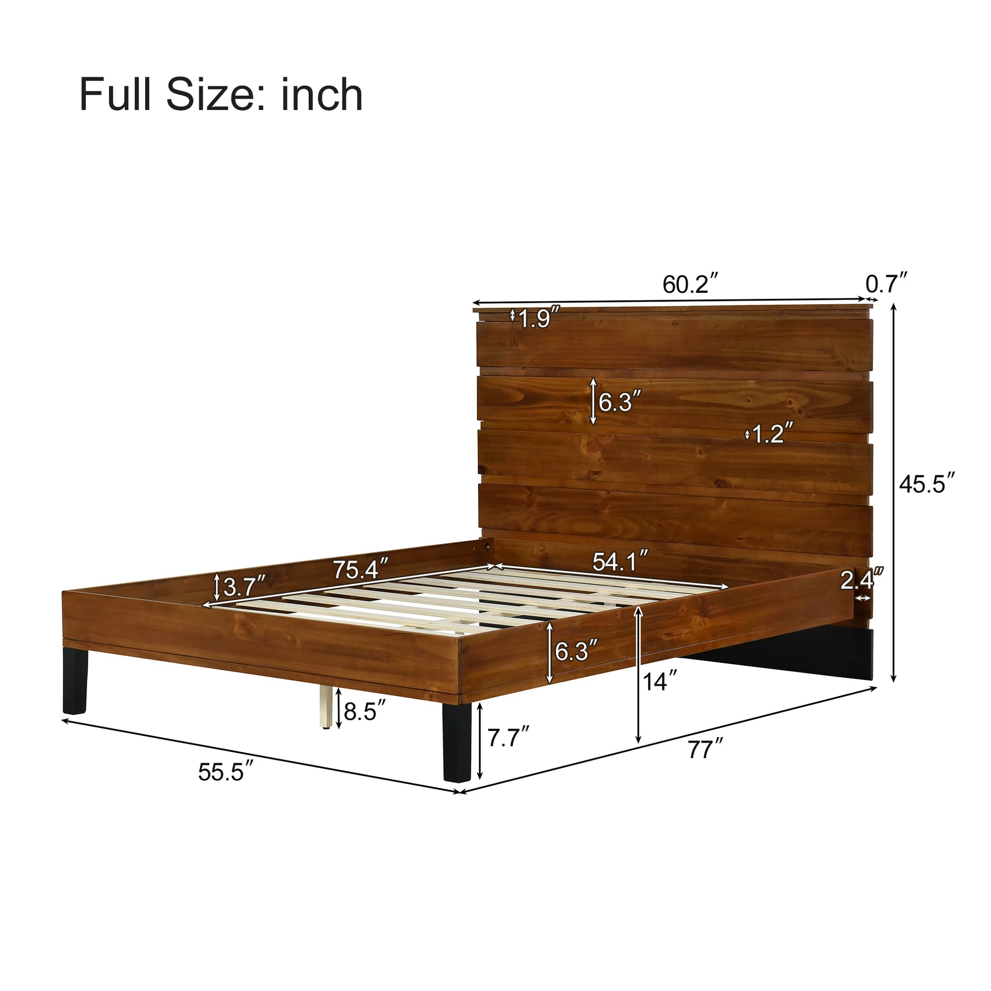 Mid Century Modern Solid Wood Bed Frame Full Size Platform Bed With Six Piece Headboard Design, No Box Spring Needed, Brown Full Brown Pine