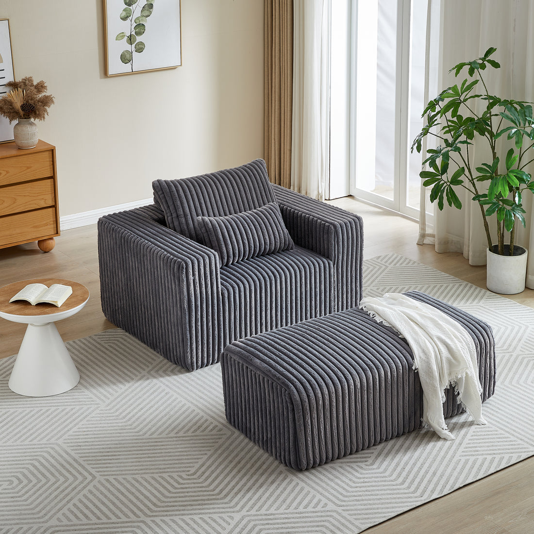 62.5 Inch Corduroy Sponge Sofa Lounge Chair With Removable Footrest,No Assembly Required,Fluffy Modern Sleeper Chair For Indoor Living Room Bedroom Grey Foam Corduroy 1 Seat