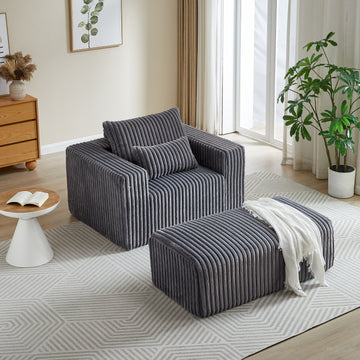 62.5 Inch Corduroy Sponge Sofa Lounge Chair With Removable Footrest,No Assembly Required,Fluffy Modern Sleeper Chair For Indoor Living Room Bedroom Grey Foam Corduroy 1 Seat