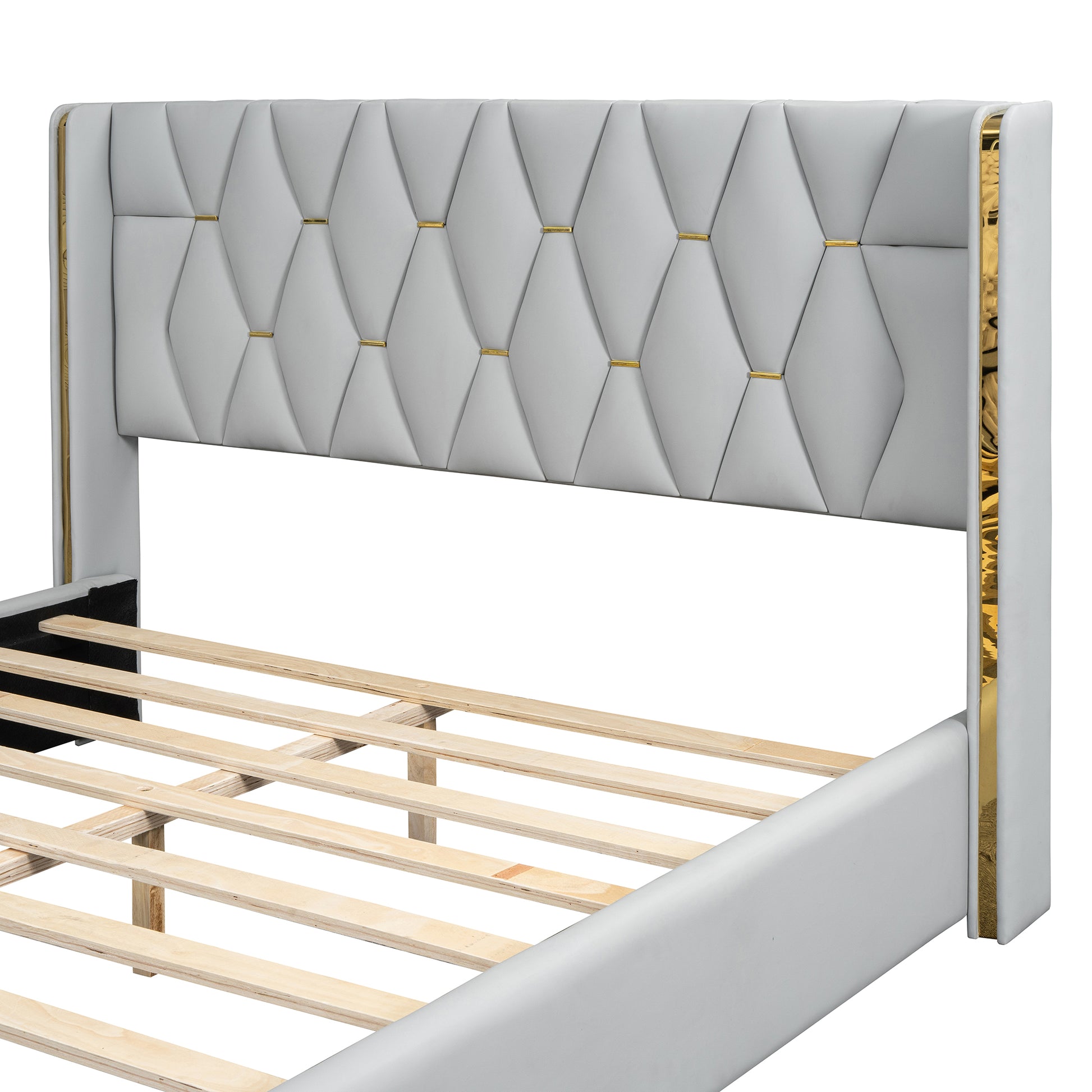 Full Size Upholstered Platform Bed With Metal Strips, Off White Full Off White Pu