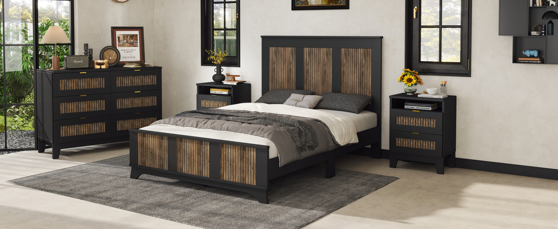 4 Pieces Bedroom Sets, Full Size Farmhouse Platform Bed With Wooden Strip Decoration, Storage Nightstand And Dresser With Metal Handle, Black Full Black 4 Piece Set Particle Board