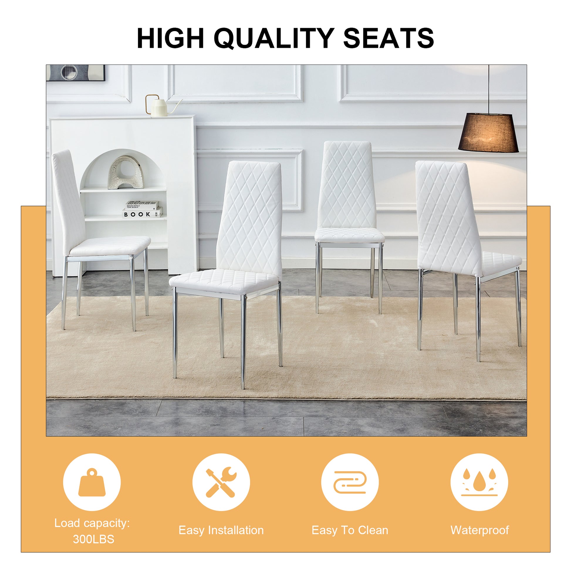 Table And Chair Set.Rectangular Dining Table With Tempered Glass Tabletop And Silver Plating Metal Legs.Paired With 4 Checkered Armless High Back White Chairs With Electroplated Metal Legs. White Seats 4 Glass Metal