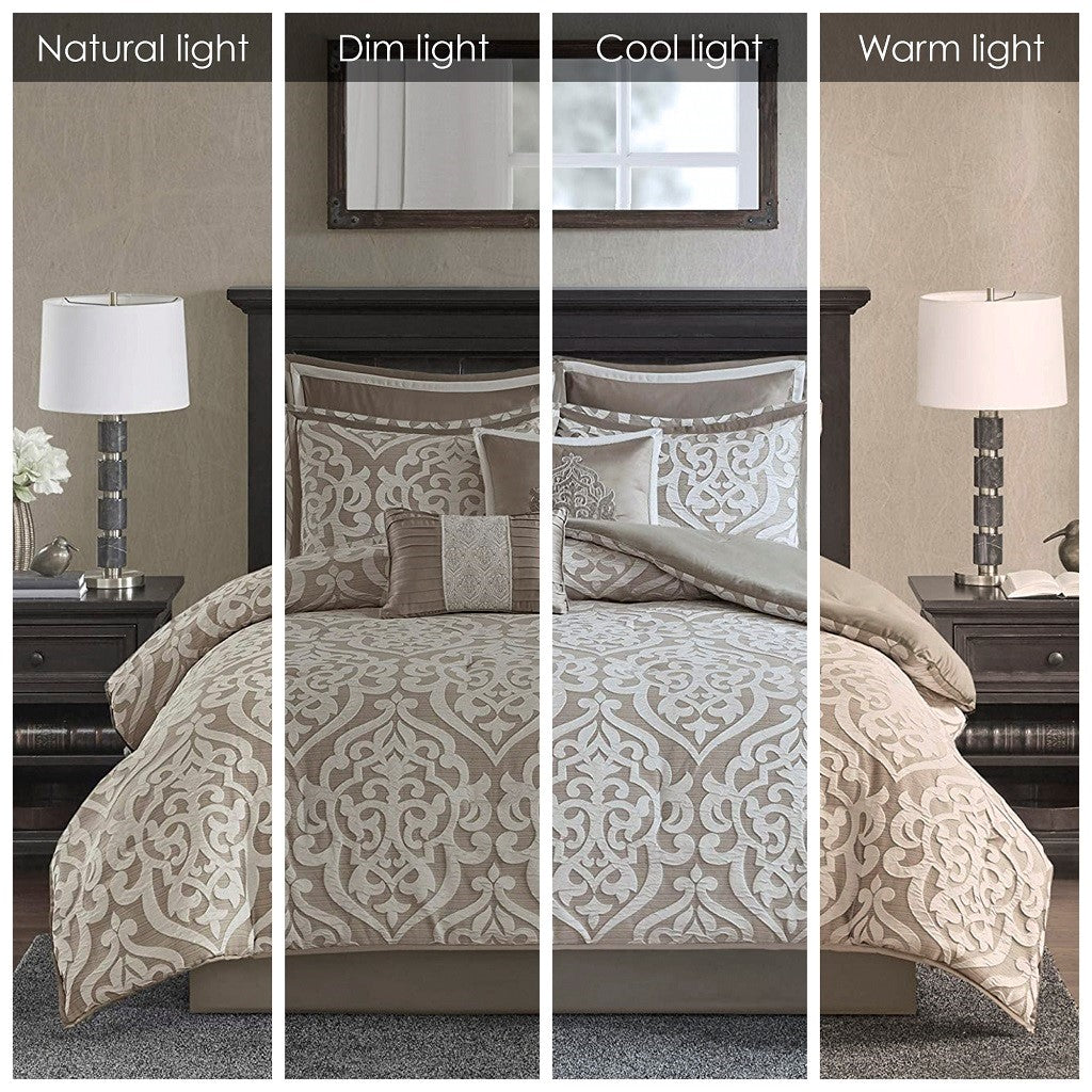 8 Piece Jacquard Comforter Set Tan Ivory Cal King California King Tan Ivory Polyester
