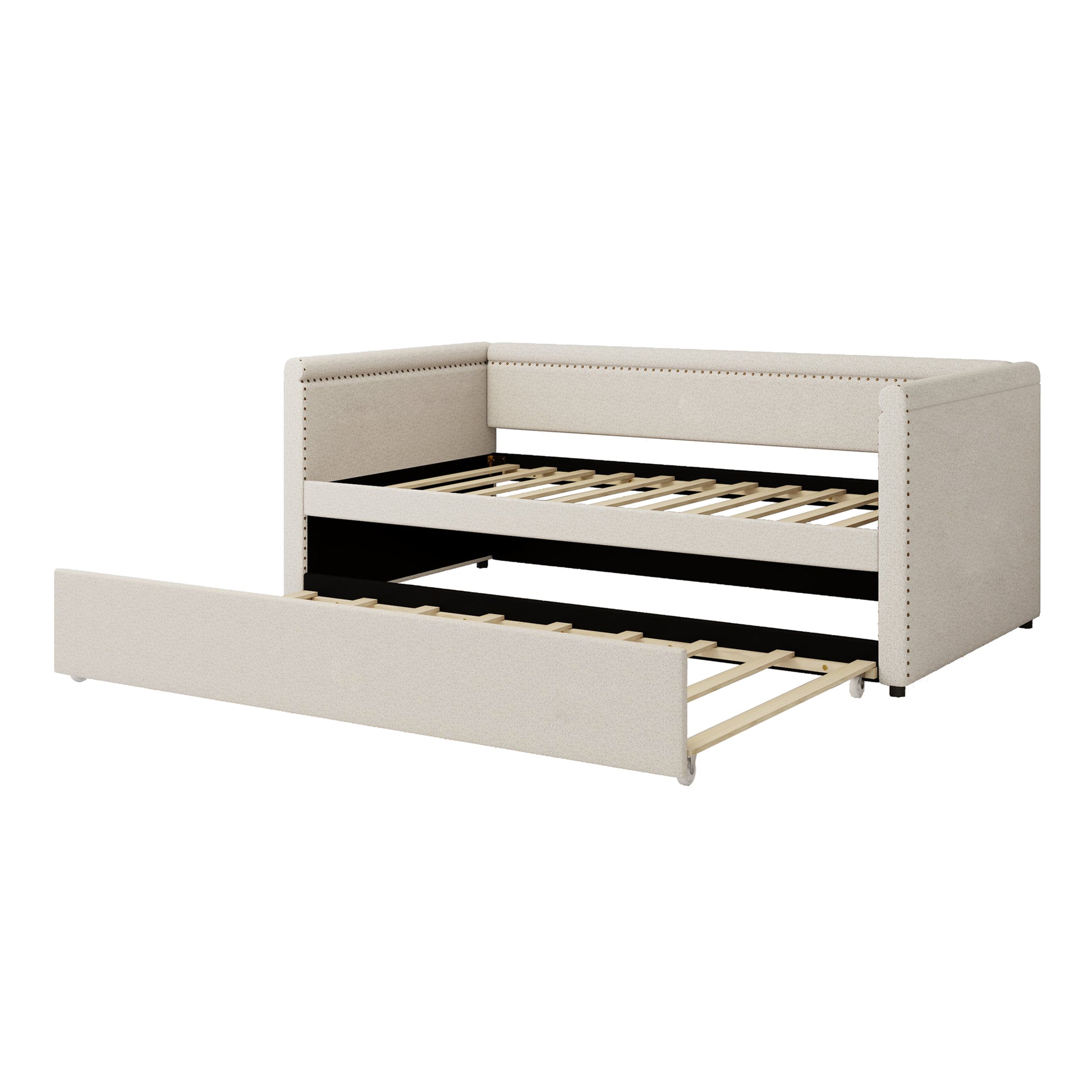 Modern Style Twin Size Upholstered Daybed With Trundle For Guest Room, Small Bedroom, Study Room, Beige Box Spring Not Required Twin Beige Wood Bedroom Traditional Daybeds Linen Upholstered