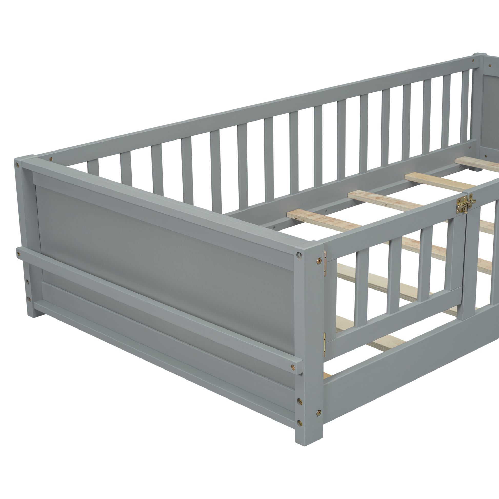 Twin Size Floor Platform Bed With Built In Book Storage Rack, Door,Grey Twin Grey American Design Pine