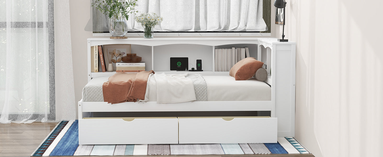 Twin Size Daybed With Two Storage Drawers, Storage Cabinets And Usb Ports, White Twin White Solid Wood Mdf