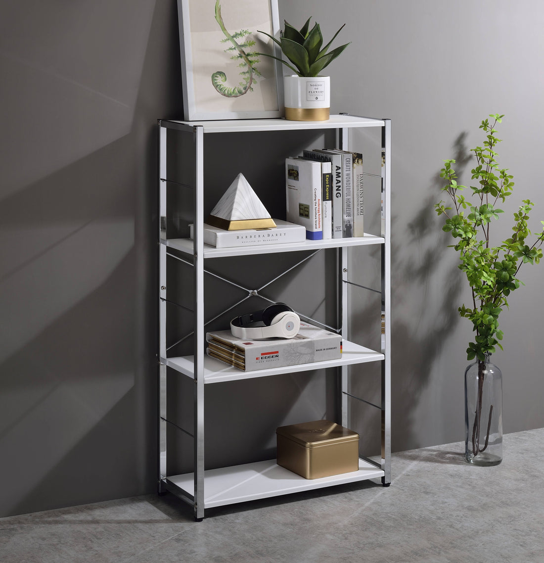 Tennos White & Chrome Finish Bookshelf White Metal,Synthetic Wood