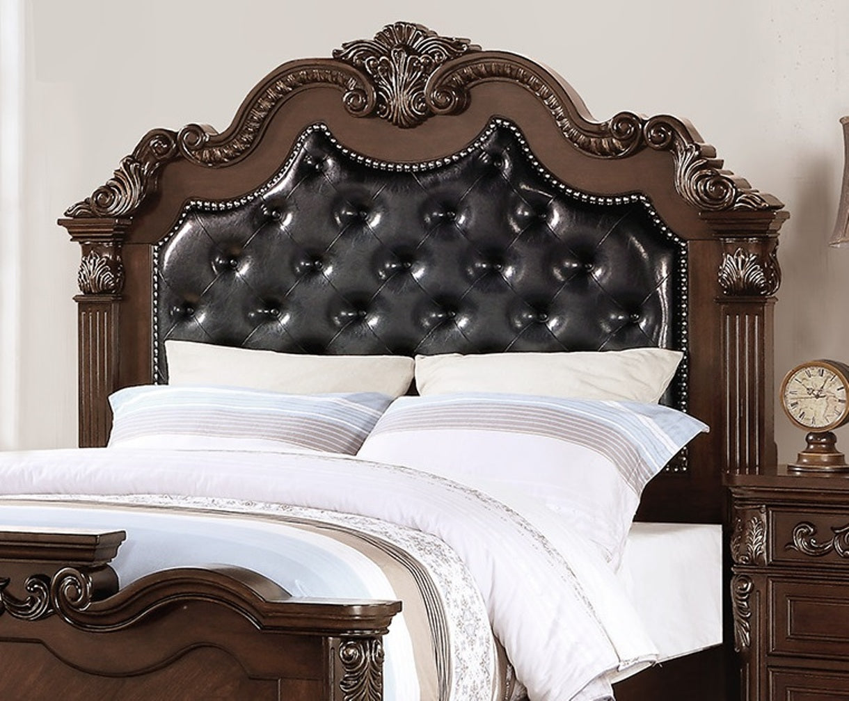 Gorgeous Traditional Antique Cherry 1Pc Eastern King Size Bed Tufted Faux Leather Headboard Wooden Bedframe Box Spring Required King Cherry,Walnut Wood Bedroom Classic,Luxury,Traditional Pine Bed