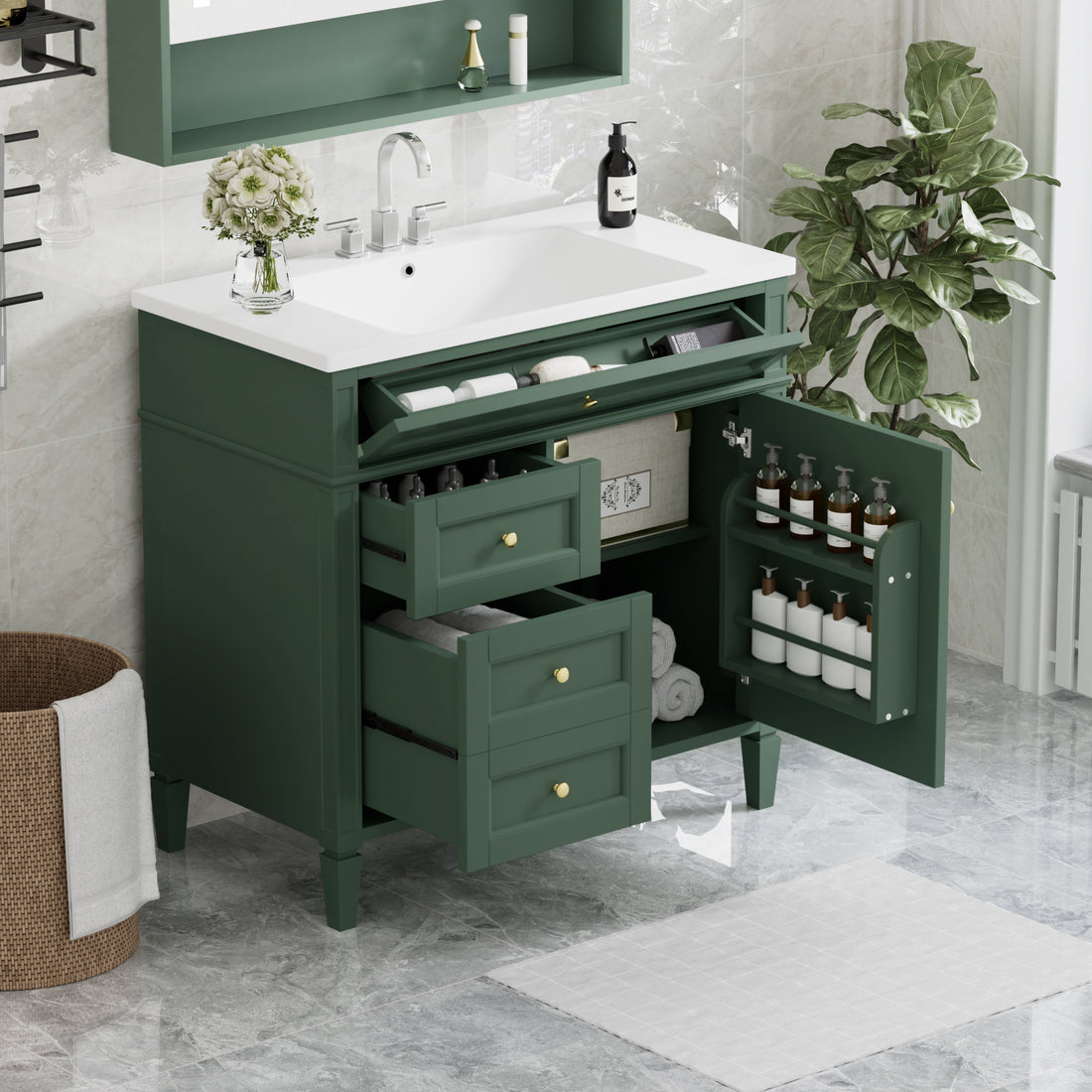 36'' Bathroom Vanity With Top Sink, Modern Bathroom Storage Cabinet With 2 Drawers And A Tip Out Drawer, Single Sink Bathroom Vanity 3 Green 1 1 Adjustable Hinges Bathroom Freestanding Solid Wood Mdf Resin Painted