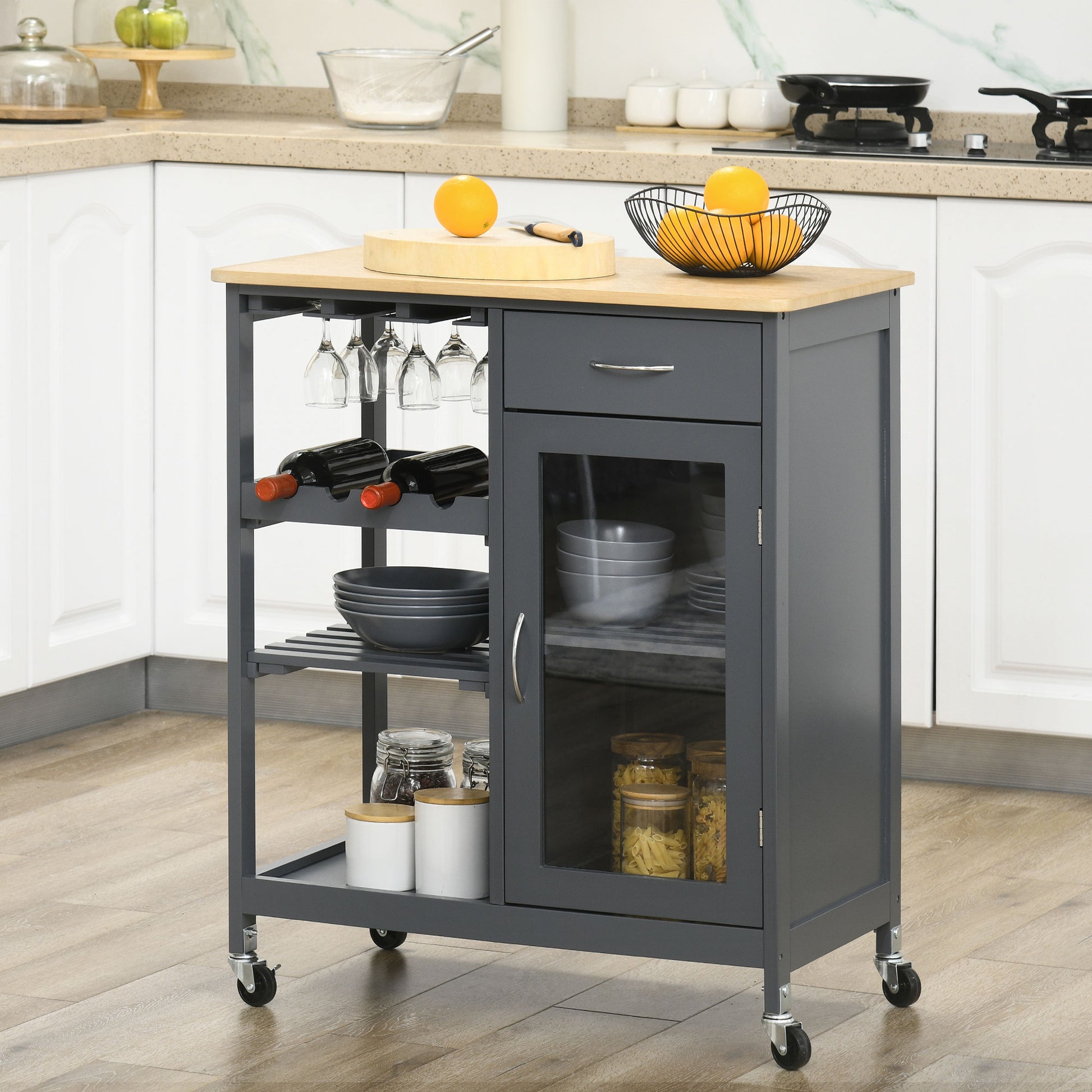 Homcom Rolling Kitchen Island With Storage, Kitchen Cart With 4 Bottle Wine Rack, Bar Cart With Stemware Holder, Shelves, Drawer And Cabinet, Gray Grey Engineered Wood