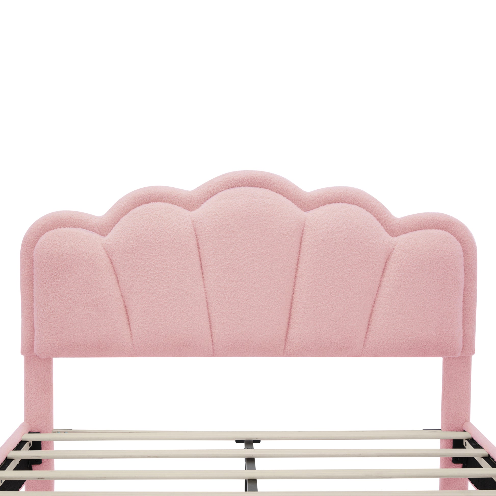 Full Size Upholstered Flower Shape Bed, Elegant Flowers Headboard With Led Light Strip ,Sherpa Fabric Platform Bed With Wooden Slats Support, Pink Full Pink Wood