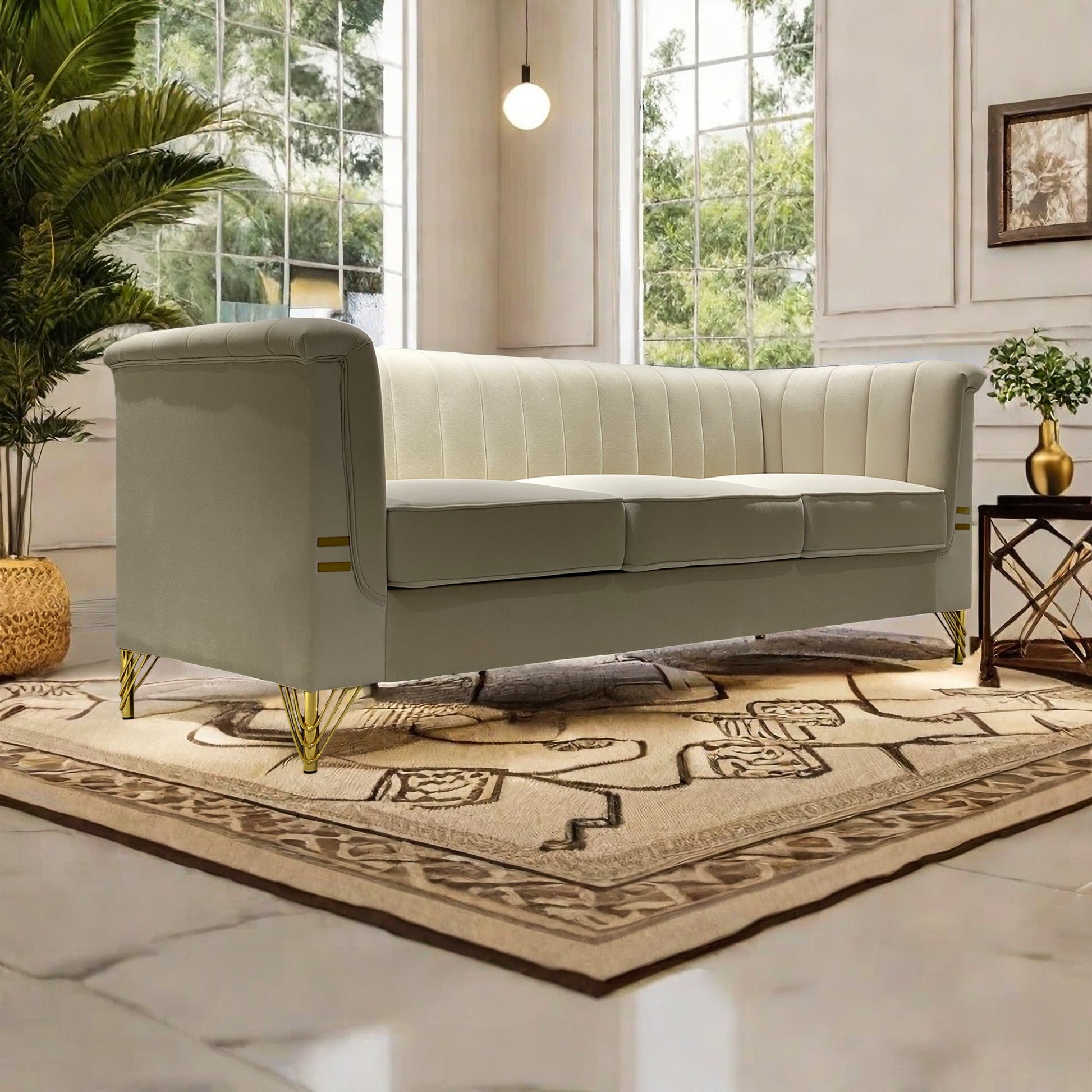 Fx P82 Be Sofa Modern Chenille Sofa, 82.67" Upholstered Couch With Bolster Armrest, 3 Seat Sofa For Living Room, Bedroom, Office, Apartment, Dorm, Beige Beige Velvet 3 Seat