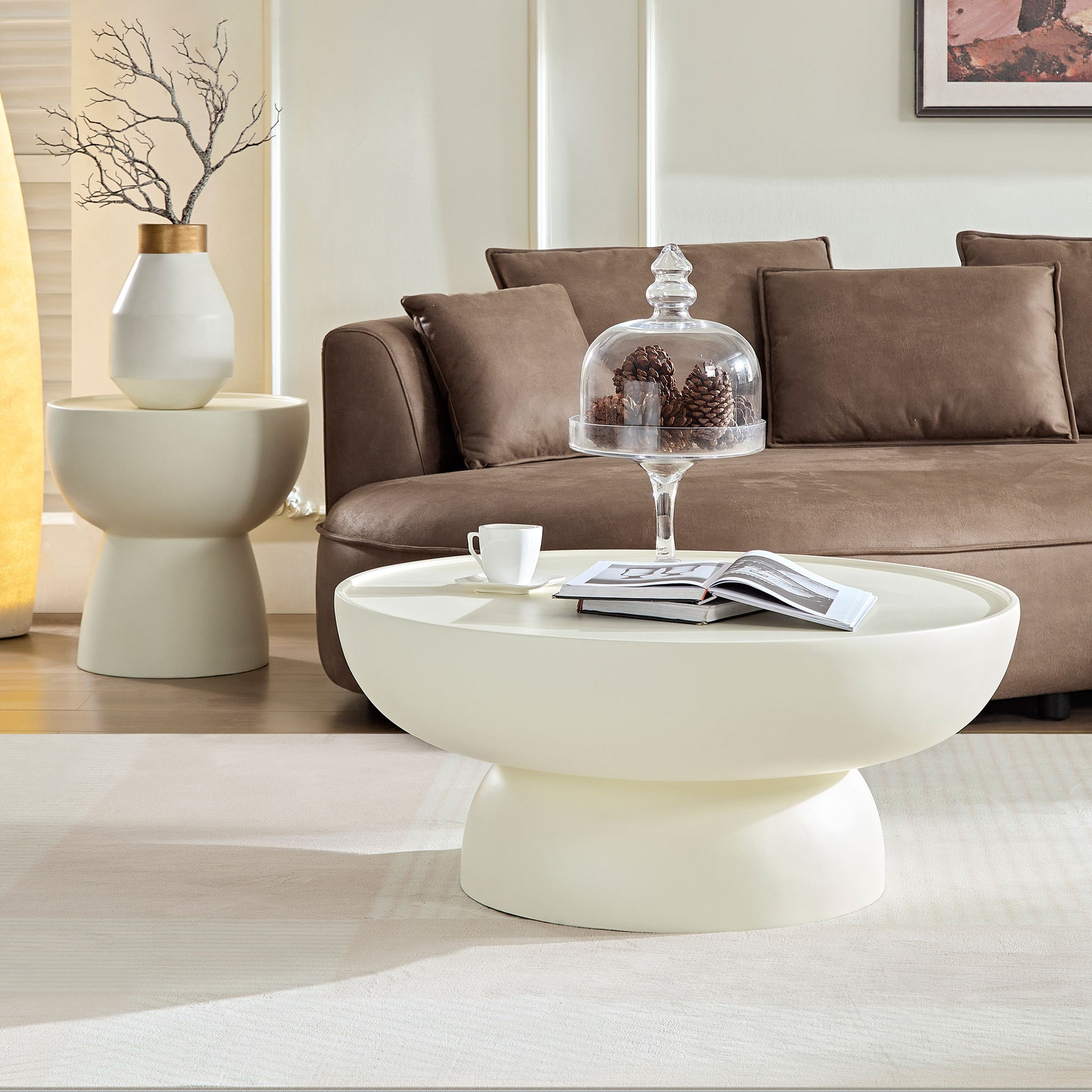 Fiberglass Cream Style Coffee Table Set Of 2 For Living Room,Matte White Round Table Front Of The Sofa, Irregular Center Table For Apartment,No Need Assembly Cream Fiberglass