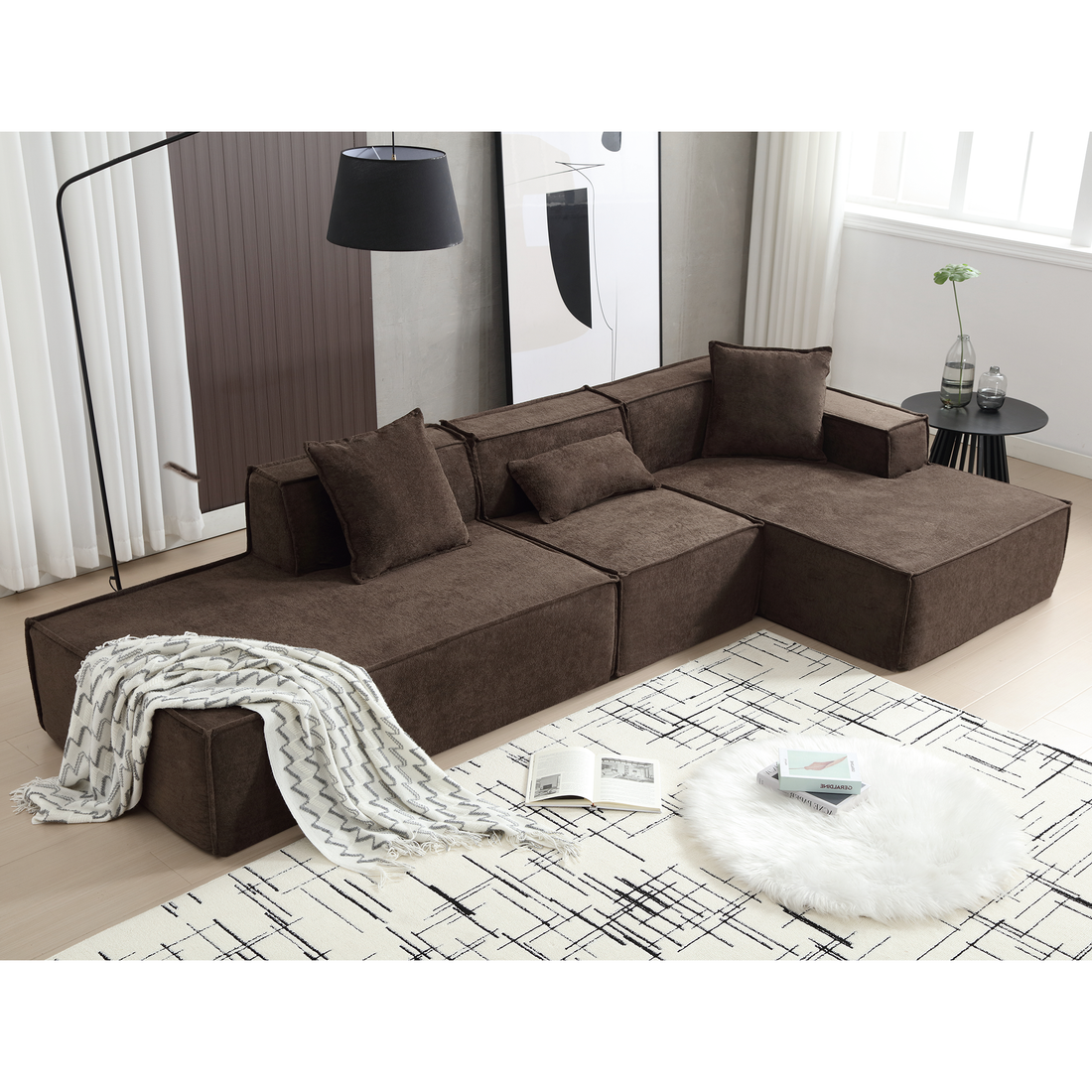 Modular Combination Living Room Sofa Set, Modern Minimalist Sofa, Free Installation Sofa, L Shaped, Italian Minimalist Tofu Block Sofa,Right Hand Facing, Terrycloth Fabric,Dark Brown Dark Brown Polyester Primary Living Space Soft Modern Polyester 3 Seat