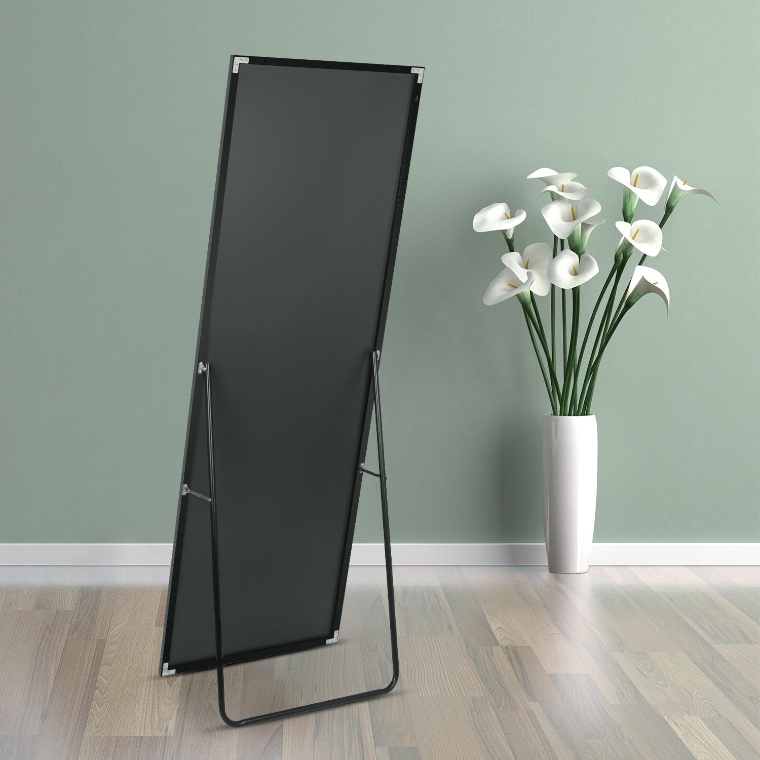 Full Length Mirror, Floor Mirror With Stand, Dressing Mirrorbedroom Mirror With Aluminium Frame 65"X22", Black Black Glass