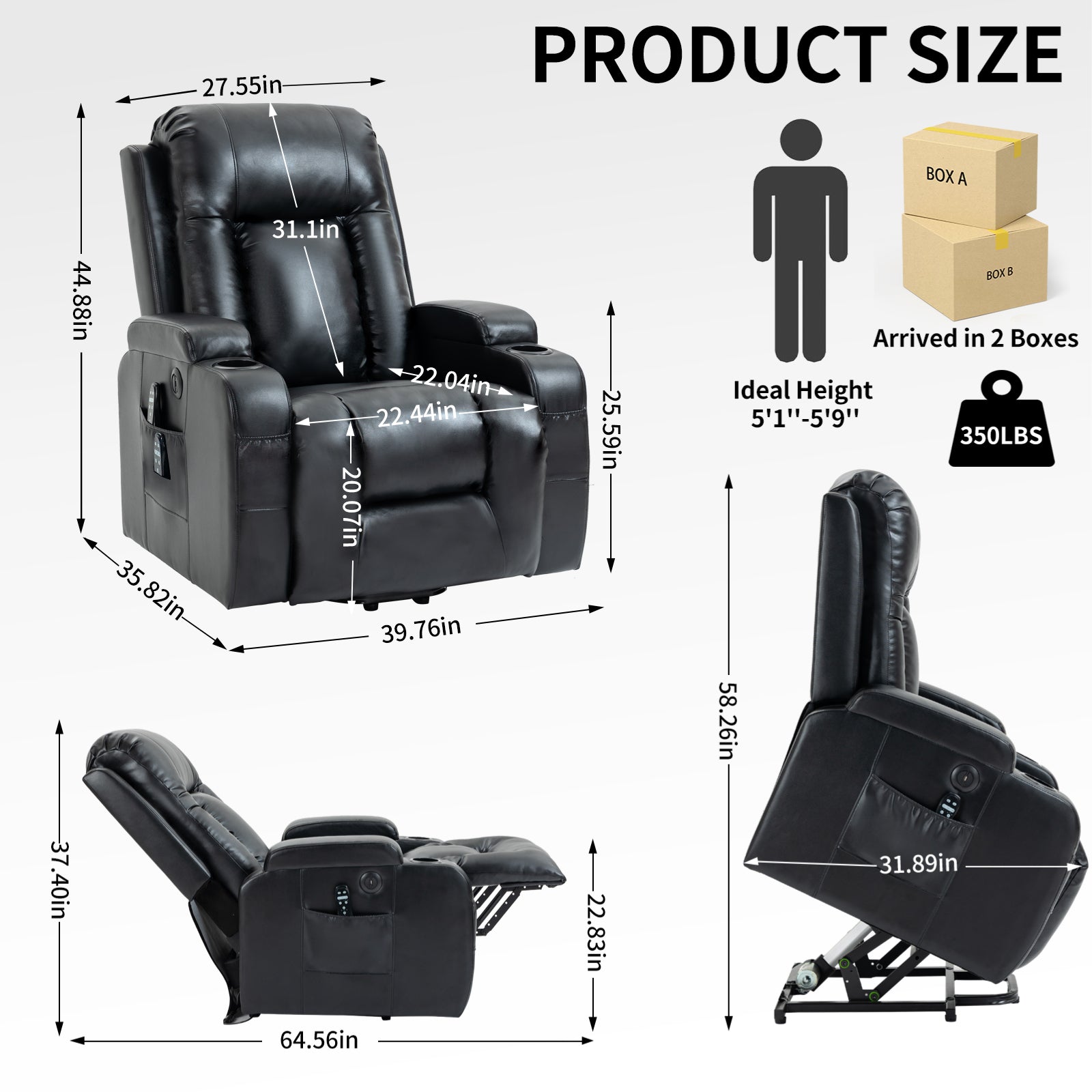 Infinite Position Up To 350 Lbs Power Lift Recliner Chair For Elderly, Heavy Duty Motion Mechanism With 8 Point Vibration Massage And Lumbar Heating, Usb Charging Port, Cup Holders, Black White Metal Primary Living Space Heavy Duty Pine Black Faux