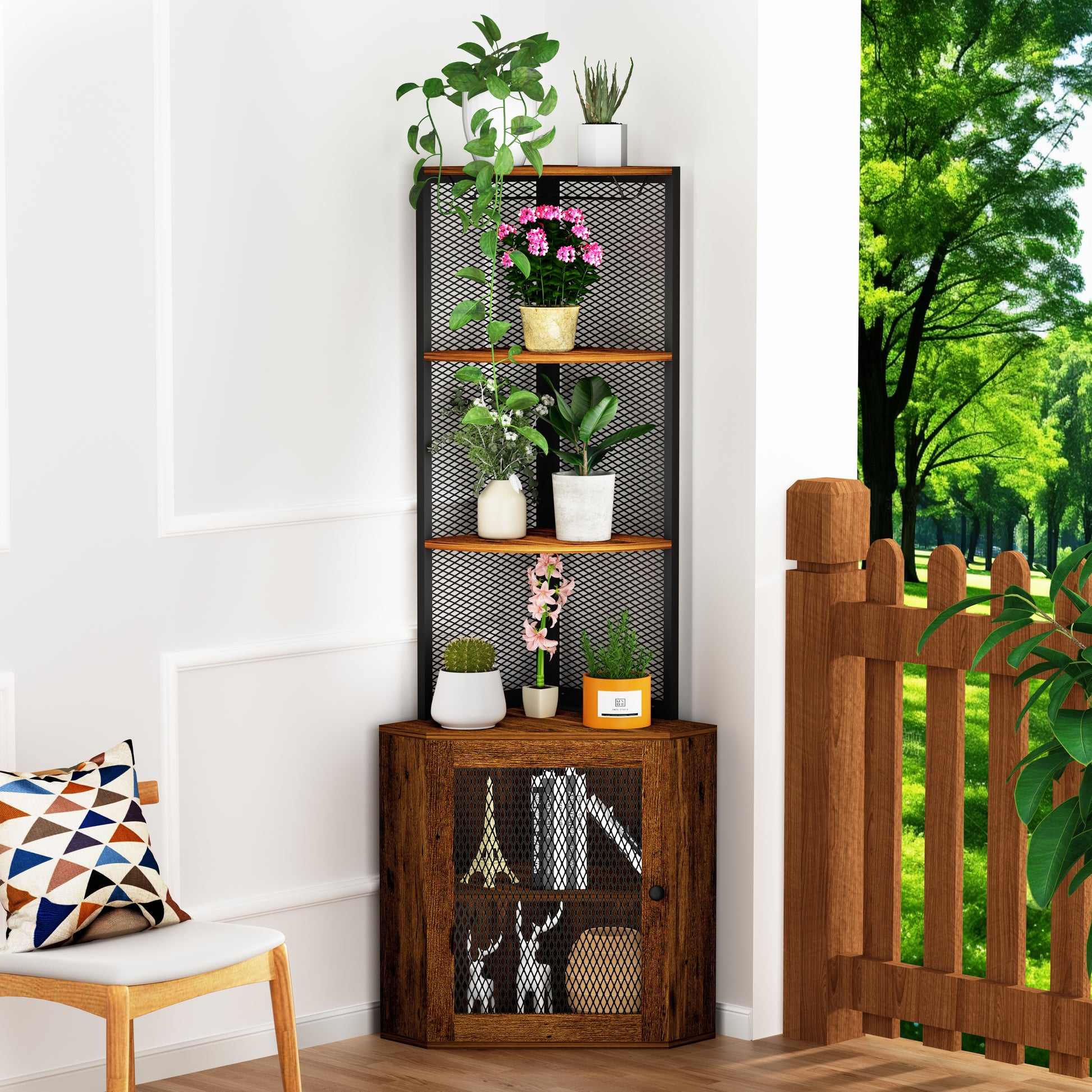 Corner Shelf With Doors, 65" Corner Cabinet With Shelves & Wine Glass Rack, 6 Tier Bookshelf Display Corner Shelves, Freestanding Corner Storage Stand For Kitchen, Living Room, Balcony Rustic Brown