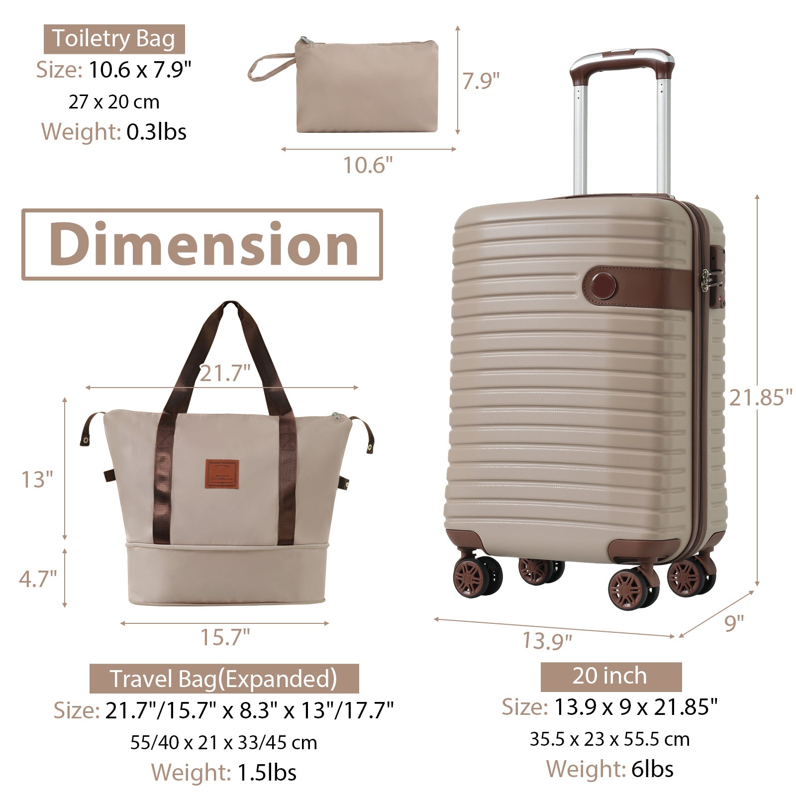 Luggage Sets 3 Piece Carry On Luggage 22X14X9 Airline Approved, Lightweight Hardshell Abs Suitcases With Wheels, 20 Inch, Khaki Khaki Abs