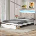 Wood Queen Size Platform Bed With Upholstered Headboard And Led And 2 Drawers, Antique White Box Spring Not Required Queen Antique White Wood Bed Frame Solid Wood Mdf