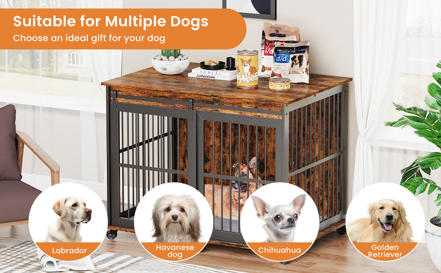 Furniture Dog Crate Sliding Iron Door Dog Crate With Mat. Rustic Brown,43.7''W X 30''D X 33.7''H . Rustic Brown Particle Board