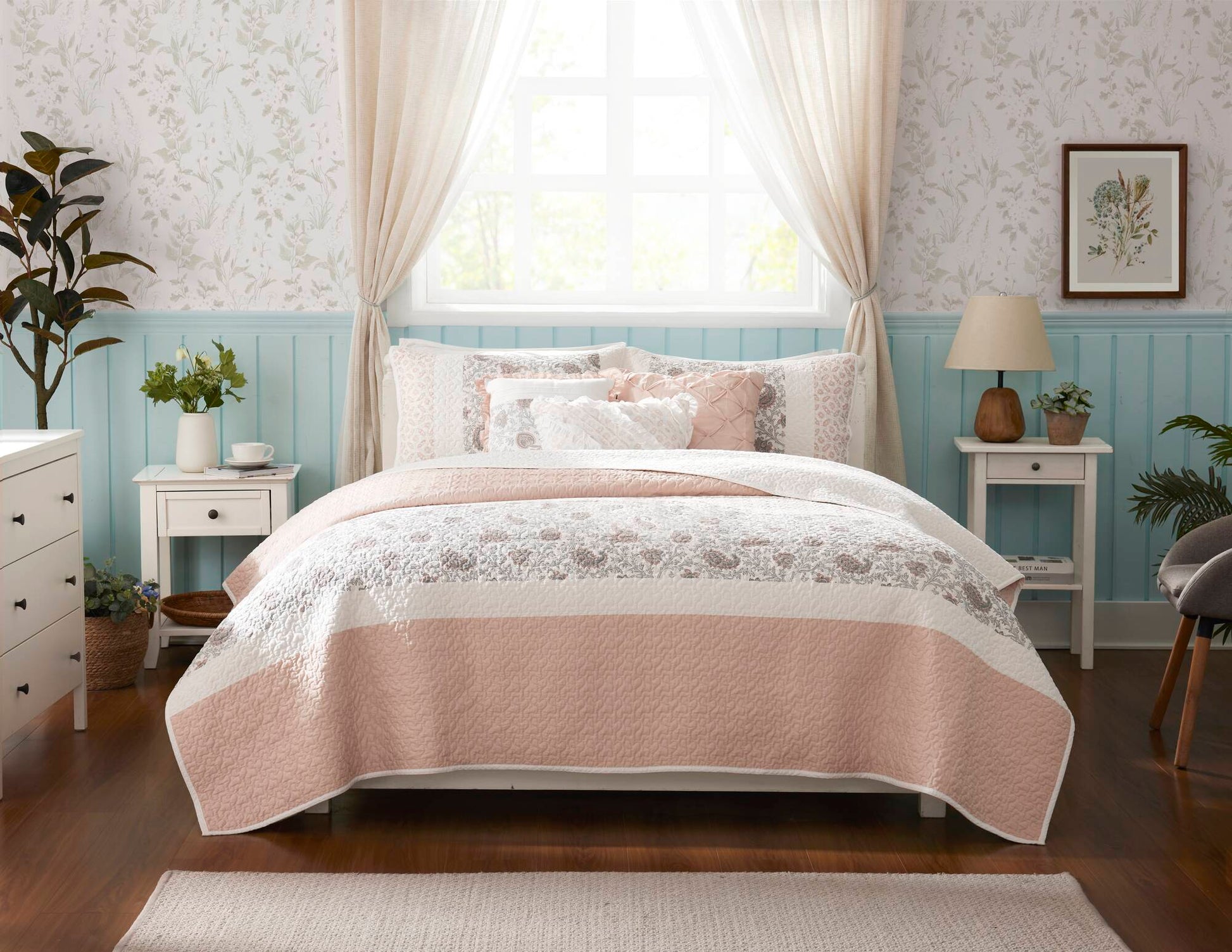 6 Piece Cotton Percale Quilt Set With Throw Pillows Blush Full Queen Full Blush Polyester
