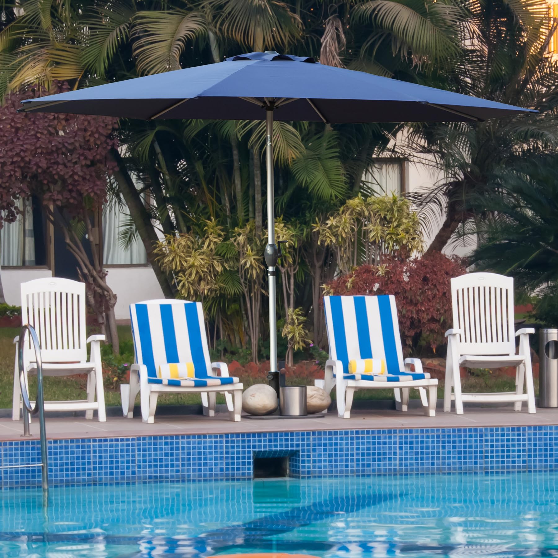 10Ft Patio Umbrella, Outdoor Table Umbrella With Push Button Tilt And Crank, Uv Protection Waterproof Market Sun Umbrella With 8 Sturdy Ribs For Garden, Deck, Backyard, Pool Navy Blue Navy Blue Round Uv Resistant Umbrellas Aluminium