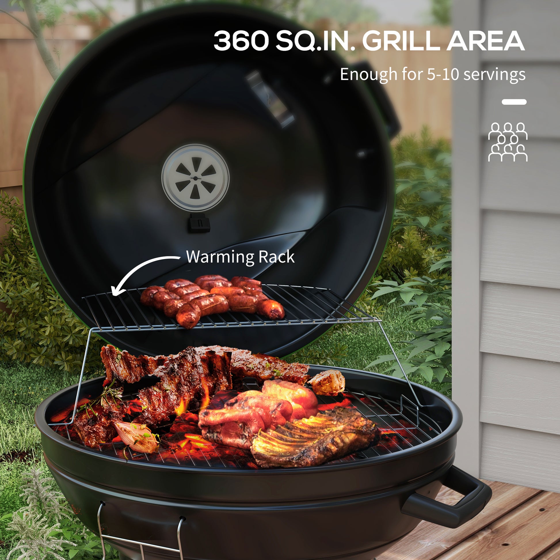 Outsunny 21" Kettle Charcoal Bbq Grill Trolley With 360 Sq.In. Cooking Area, Outdoor Barbecue With Shelf, Wheels, Ash Catcher And Built In Thermometer For Patio, Backyard Party, Green Green Steel