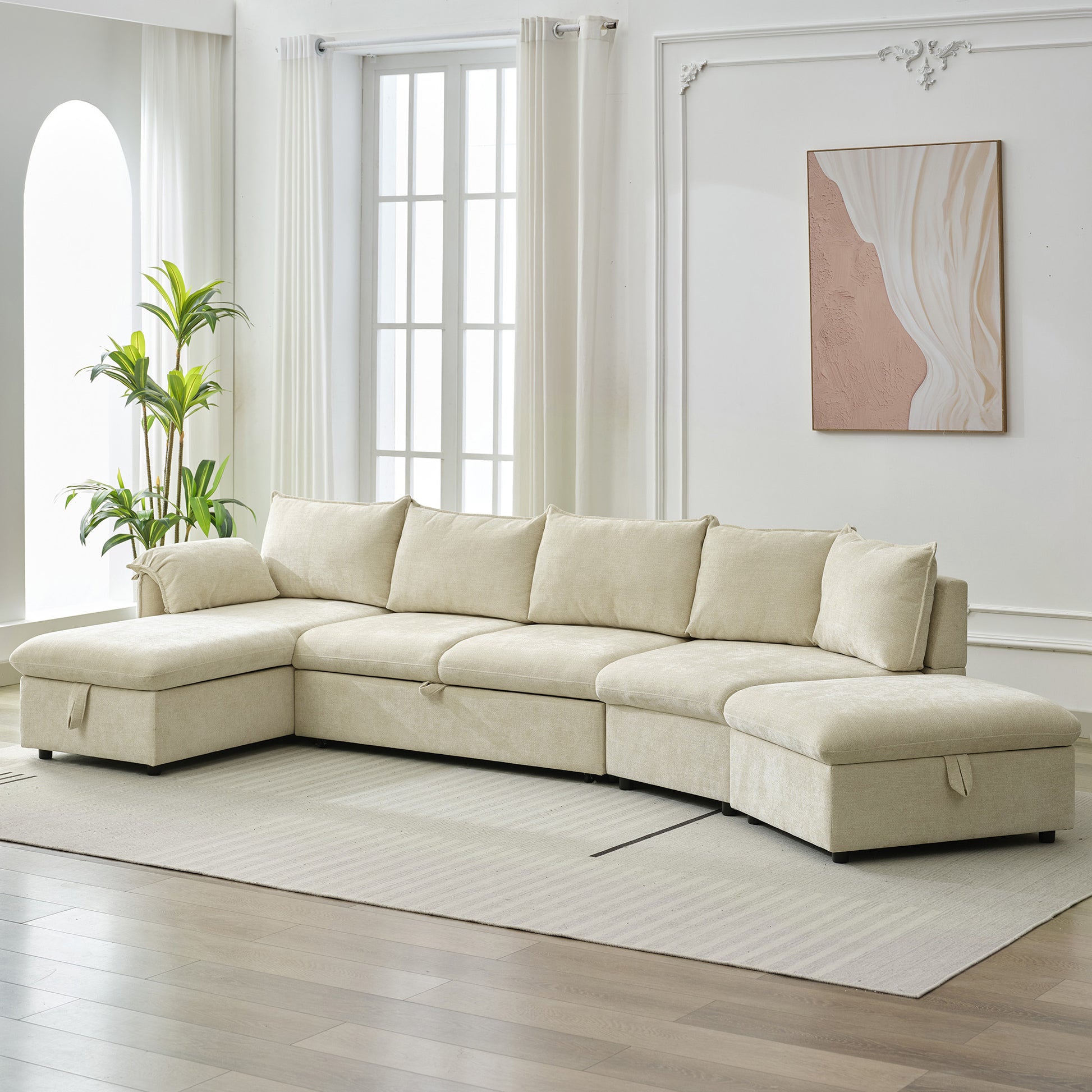 146.9" L Shaped Sofa Sectional Sofa Couch Pull Out Sofa Bed With A Movable Storage Ottoman, A Storage Chaise Lounge And Two Usb Ports For Living Room, Beige Beige Foam Linen 5 Seat