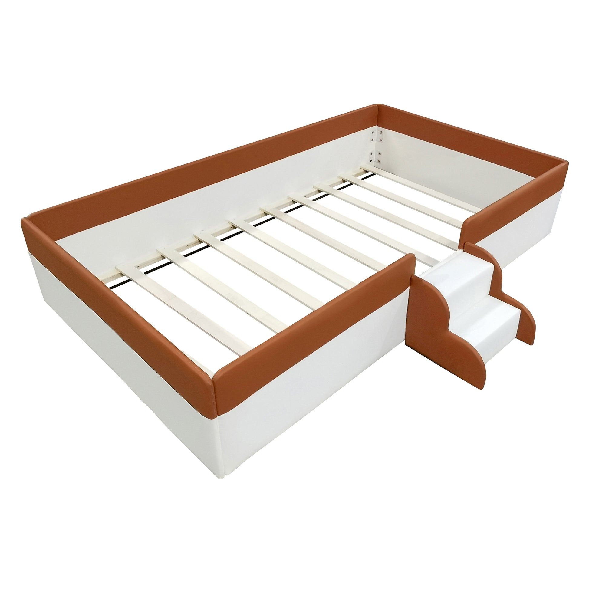 Twin Size Upholstered Daybed Frame With Fence And Stairs, Brown White Twin Brown White Mdf Lvl