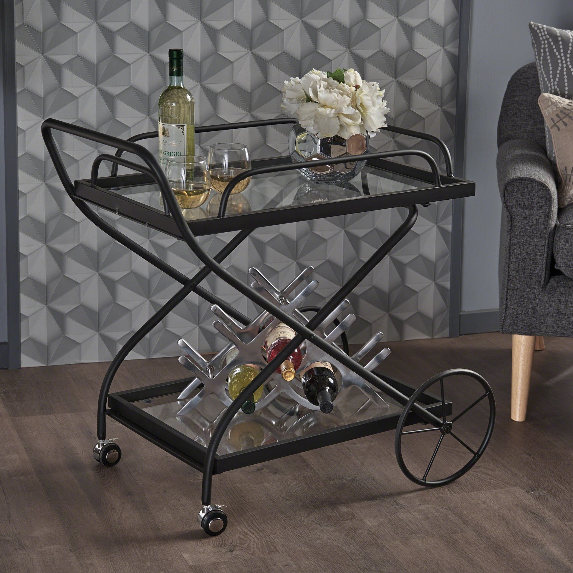 Bar Cart Black Glass Metal