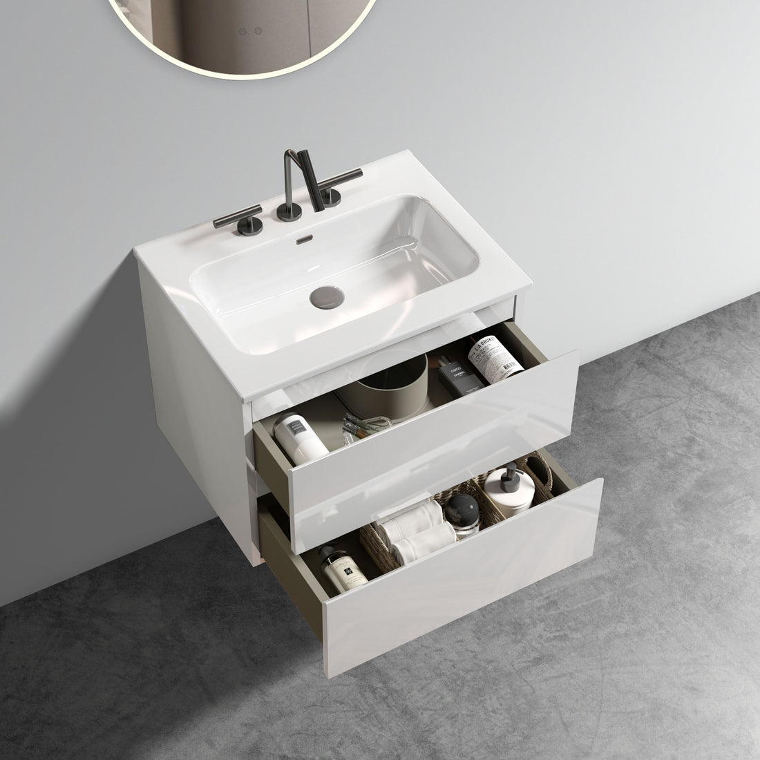 Tia 24" Wall Mount White Glossy Bathroom Vanity With Ceramic Sink With Three Faucet Holes, Large Storage Floating Bathroom Vanity For Bathroom, One Piece Sink Basin Without Drain, Pre Assembled