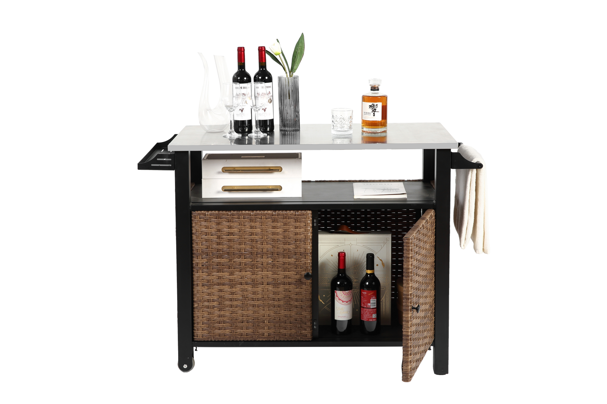 Outdoor Kitchen Wicker Island Rolling Cart & Storage Cabinet, Wheels And Stainless Steel Extended Table Top, Side Handle For Patio Kitchen Or Bar Cart, Brown No Brown Garden & Outdoor Steel