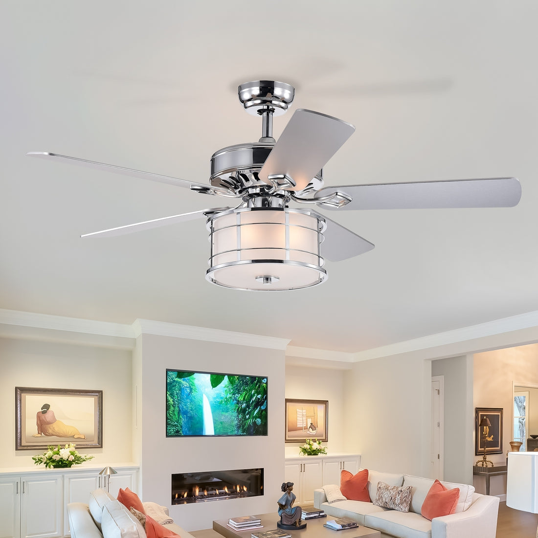 52" 3 Light Chrome Drum Shade Led Ceiling Fan Remote, Traditional Farmhouse Rustic Industrial Bohemian Country Cottage Transitional Glam For Home, Kitchen, Living Room Chrome American Design,American Traditional,Classic,Contemporary,Farmhouse Metal