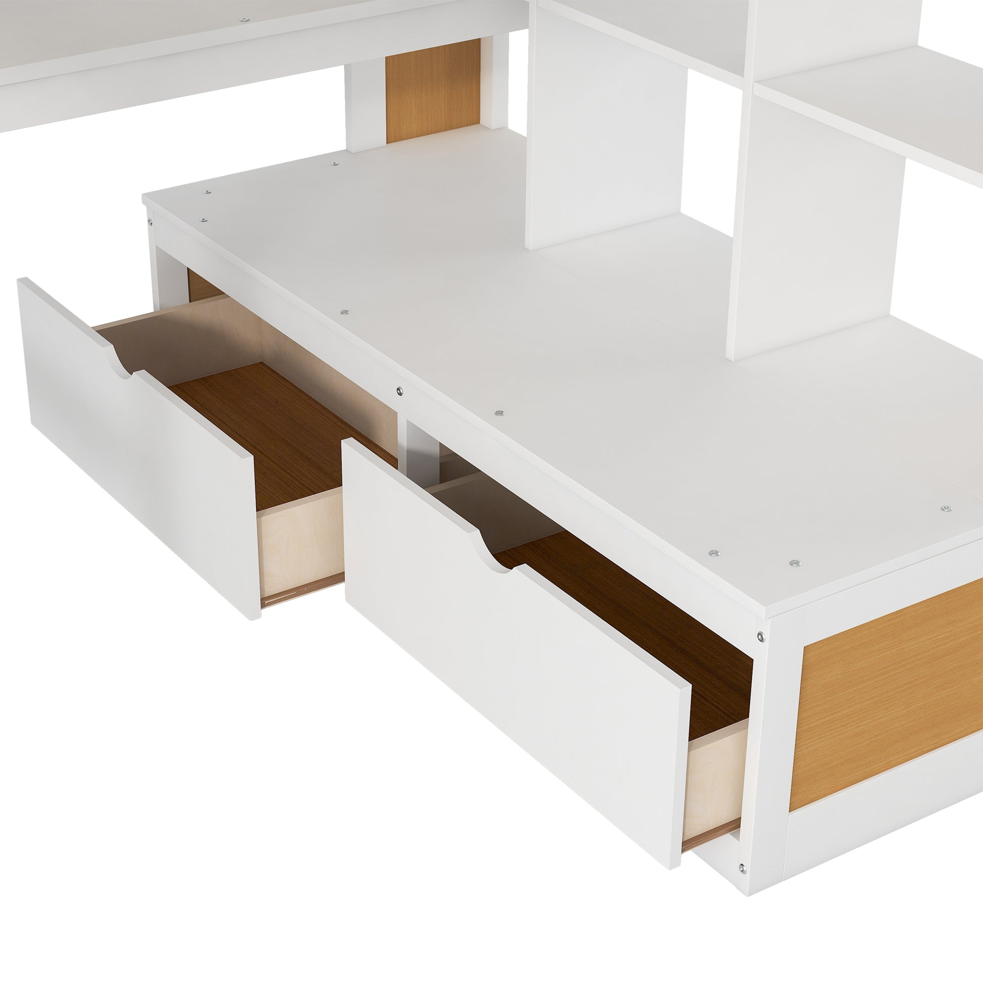 Full Size Loft Bed With Desk And Shelves, Two Built In Drawers, Storage Staircase, White And Natural Full Natural White Plywood,Solid Wood Mdf