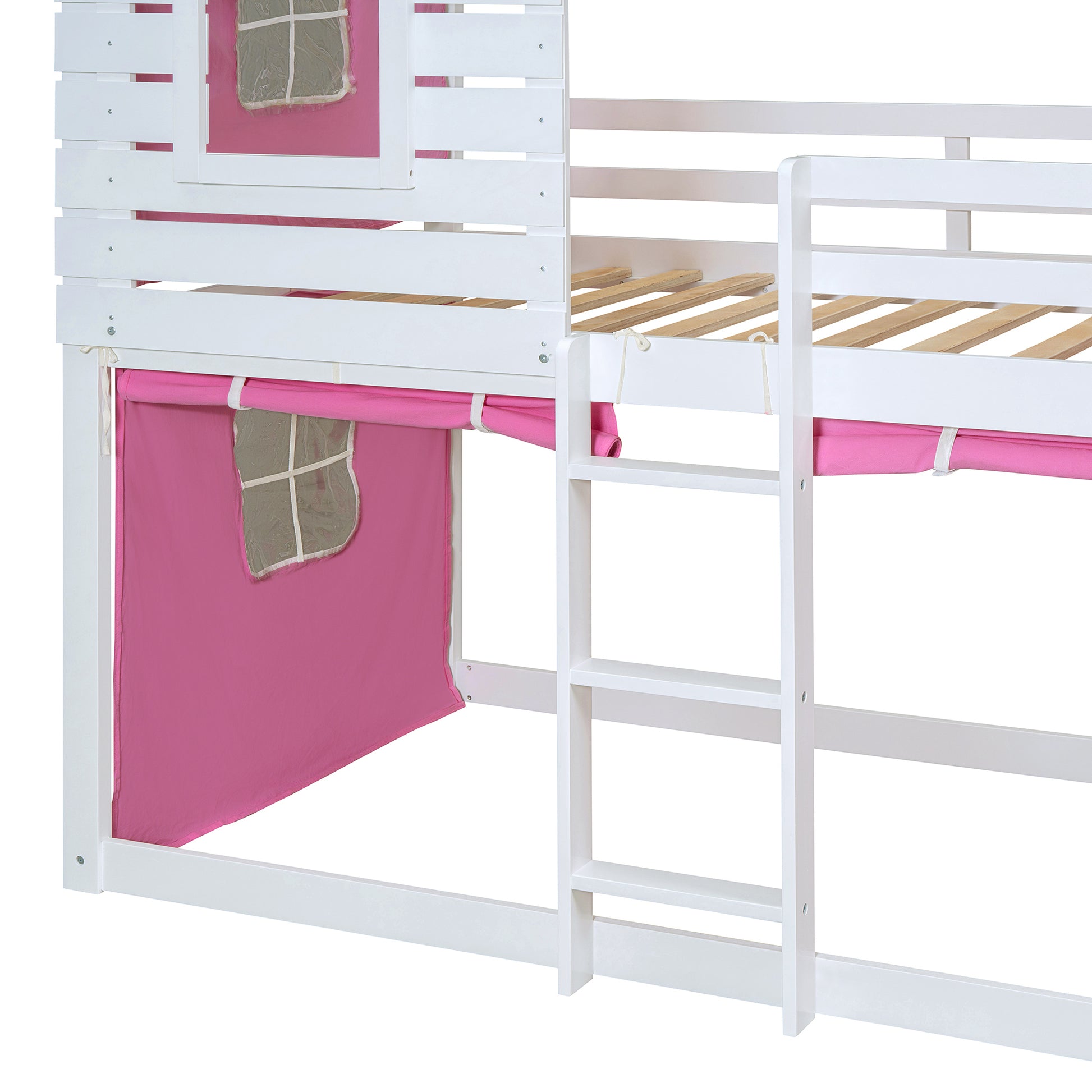 Twin Size Bunk Wood House Bed With Tent, Pink White Twin Pink White Solid Wood Mdf