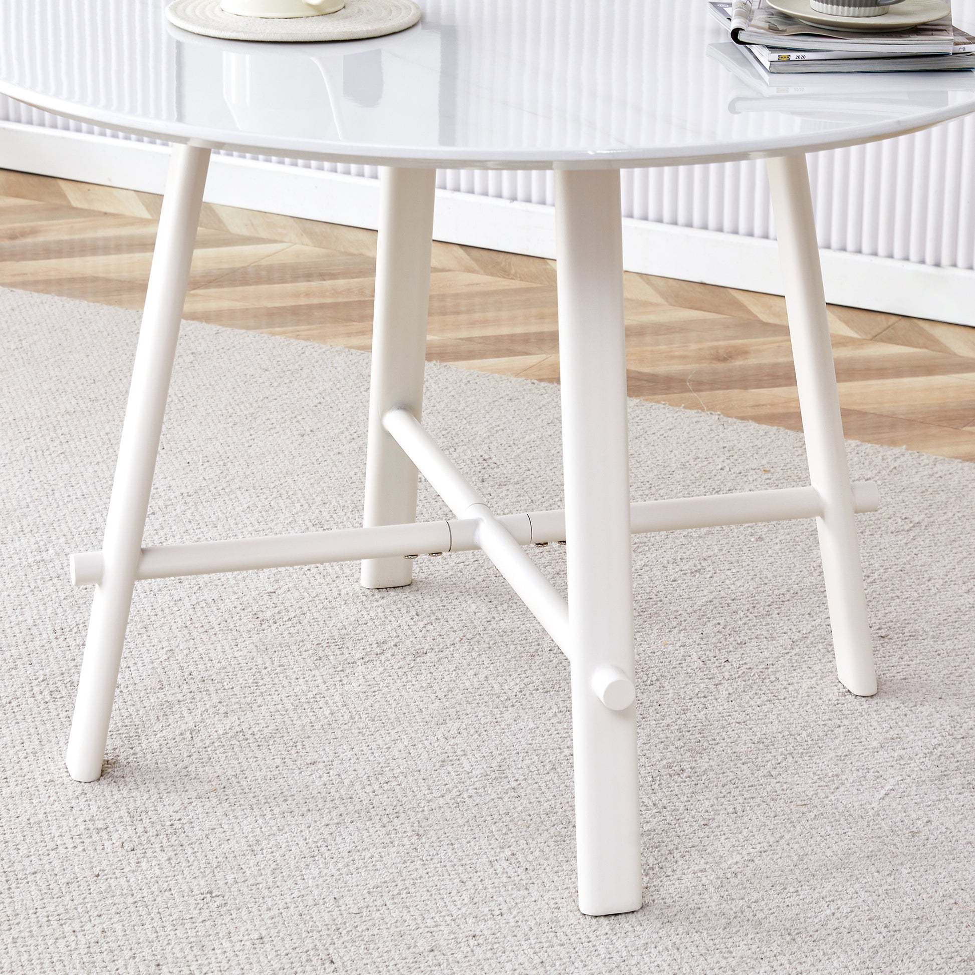 A Modern Minimalist Circular Dining Table With A 42 Inch Diameter White Patterned Tabletop And White Metal Legs. Suitable For Restaurants, Living Rooms, And Conference Rooms. White Mdf Metal