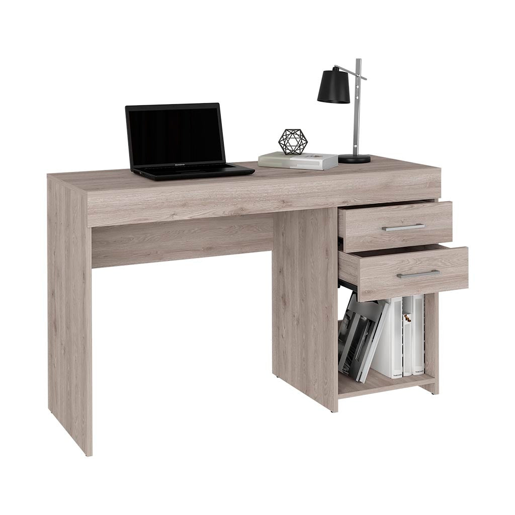 Ibare Two Drawer Computer Desk, One Lower Shelf Light Gray Gray Computer Desk Office Modern Freestanding Rectangular Shelves Desk Rectangular Particle Board Particle Board