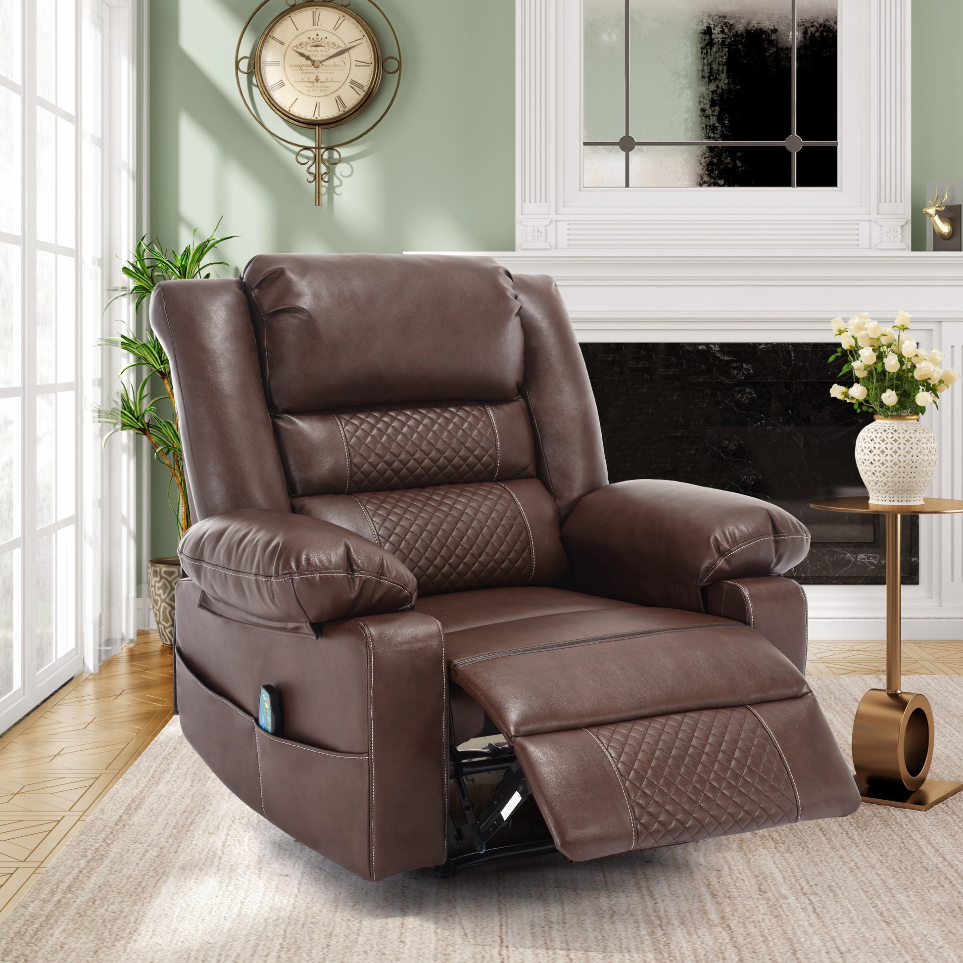 Leather Massage Recliner Chair Manual Living Room Reclining Sofa Brown Faux Leather Manual Handle Metal Primary Living Space Soft Cushion Back Heavy Duty American Design,American Traditional,Antique,Classic Pillow Top Arms Foam Pu Leather