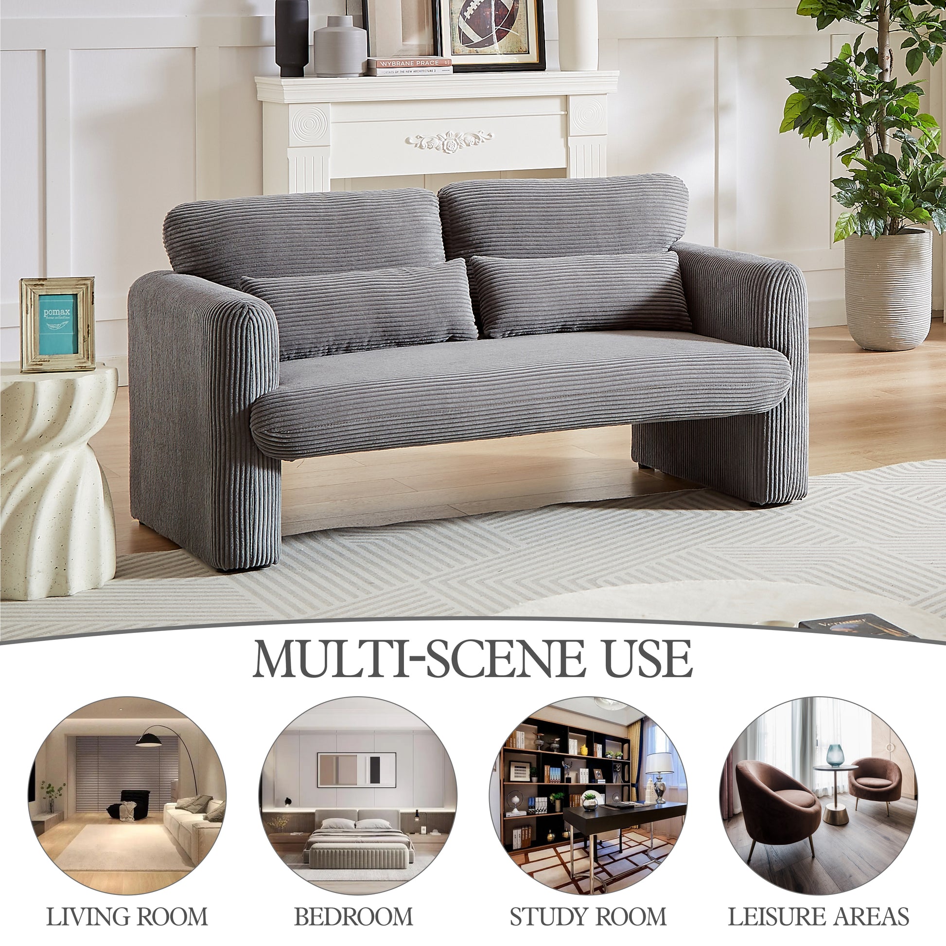 60"Corduroy Fabric Sofa With Two 33" Single Sofa, Modern Sofa With Support Pillow, For Apartment, Office, Living Room & Bedroom Grey Corduroy 4 Seat