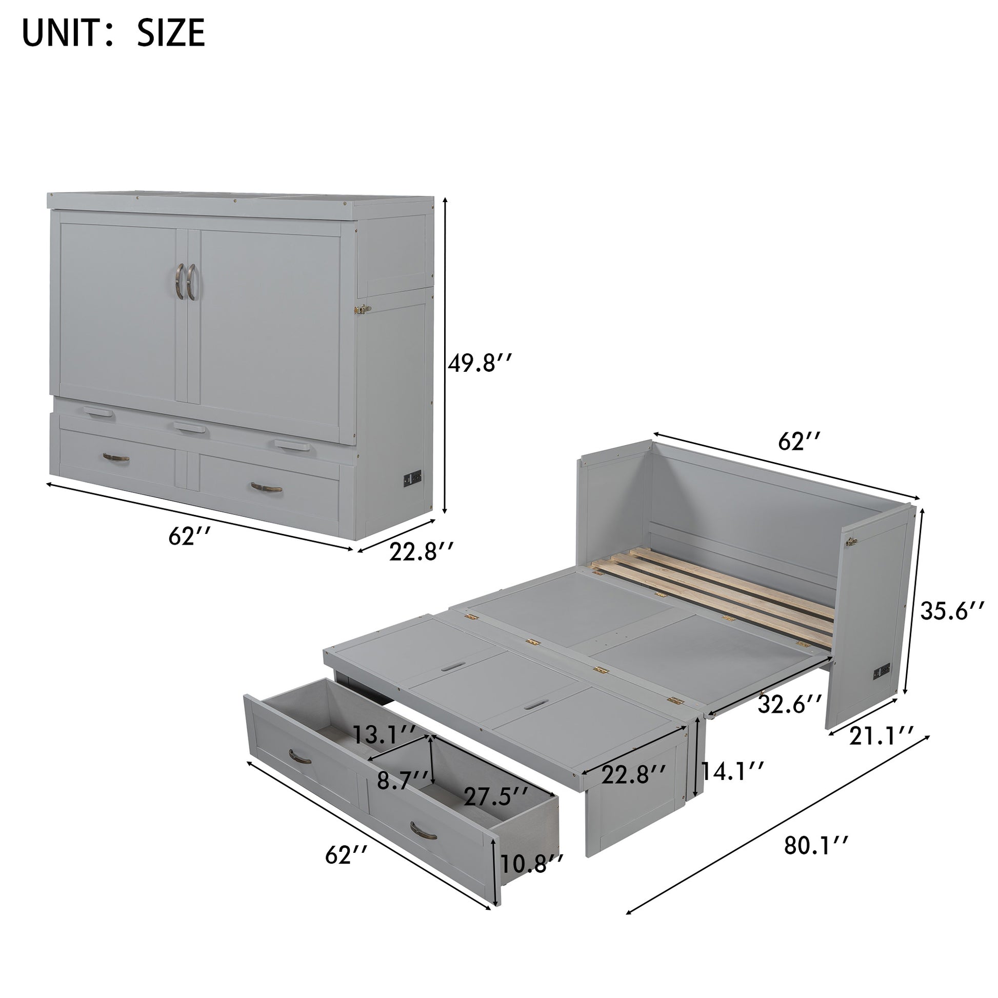 Queen Size Murphy Bed With Usb Ports, Large Drawers And Metal Handles,Gray Queen Gray Solid Wood Mdf