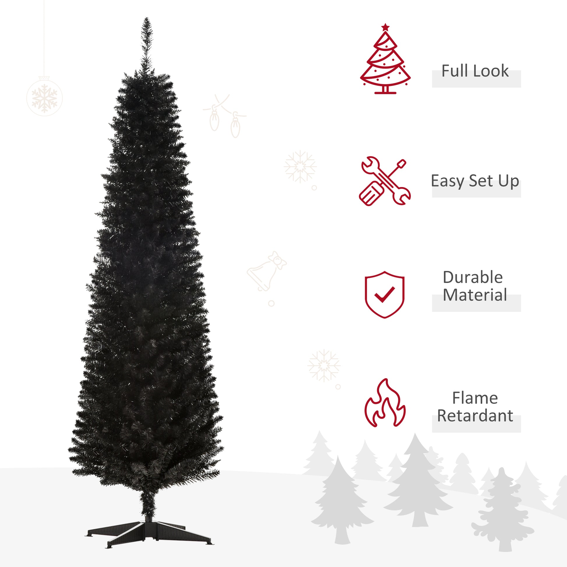 Homcom 6' Artificial Pencil Christmas Tree, Slim Xmas Tree With 390 Realistic Branch Tips And Plastic Stand, Black Black Plastic