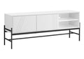 Tv Stand, 60 Inch, Console, Media Entertainment Center, Storage Cabinet, Living Room, Bedroom, White Laminate, Black Metal, Contemporary, Modern White 80 89 Inches Particle Board