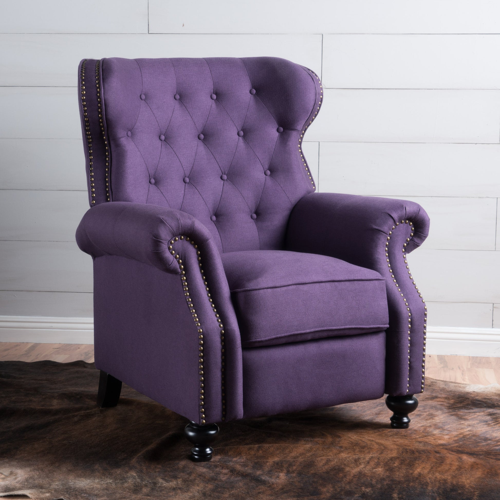 Accented Push Back Recliner Chair With Rolled Arms In Plum, Enjoy Cocooning Comfort Plum Fabric