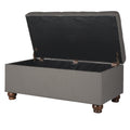 Textured Fabric Upholstered Button Tufted Storage Bench With Wooden Bun Feet, Gray And Brown Grey Brown Wood Fabric