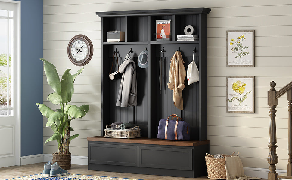 Farmhouse 4 In 1 Hall Tree With Wood Grain Bench, Mudroom Versatile Coat Rack With 2 Large Drawers, Large Entrance Organizer With 6 Black Hooks For Hallway, Living Room, Black, 55.9"Wx75.6"H Black