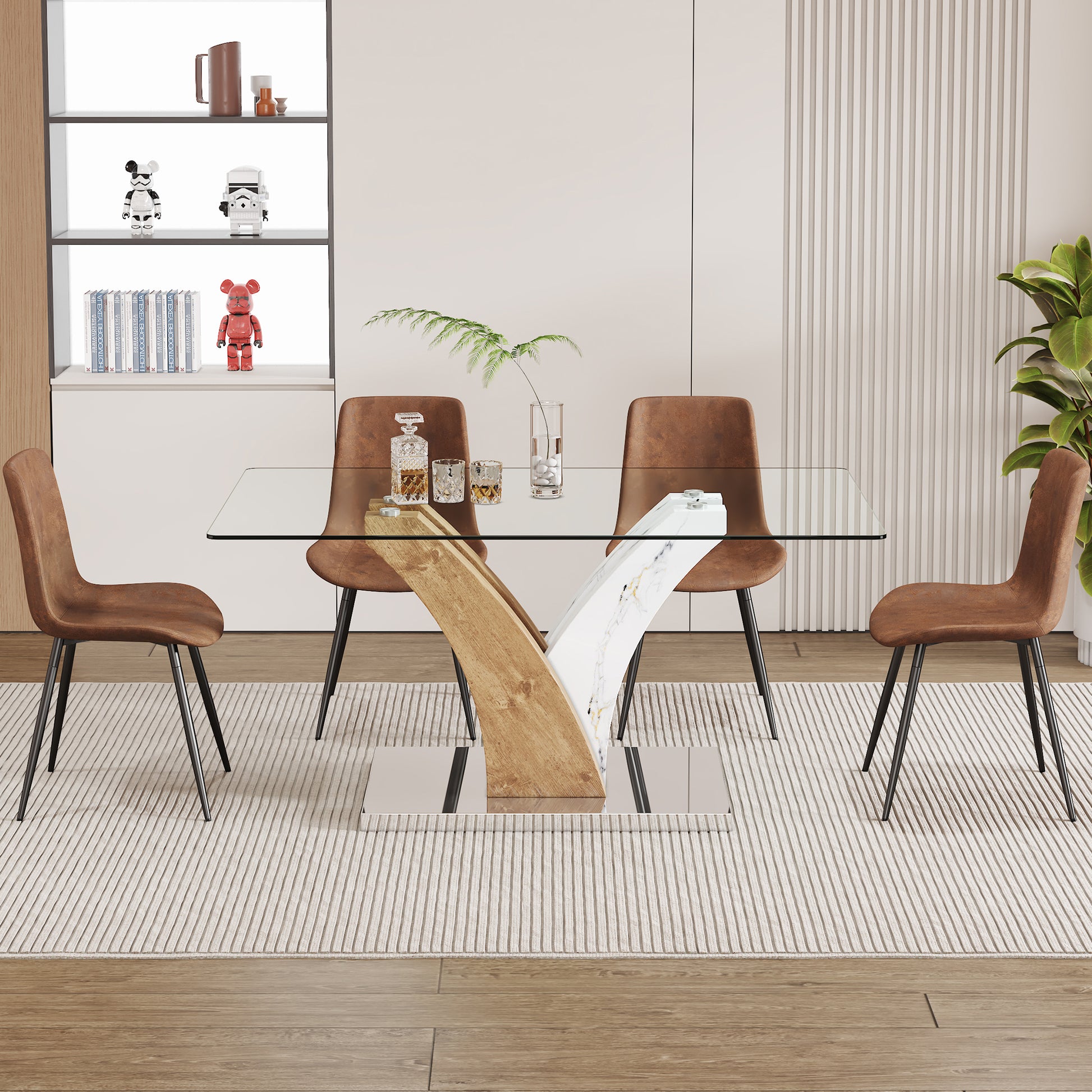 Table And Chair Set.Modern Dining Table, Tempered Glass Countertop With Artistic Mdf Legs.Paried With 4 Brown Chairs With Suede Backrests And Black Metal Legs.Suitable For Various Styles. Black Brown,Transparent Seats 4 Mdf Metal