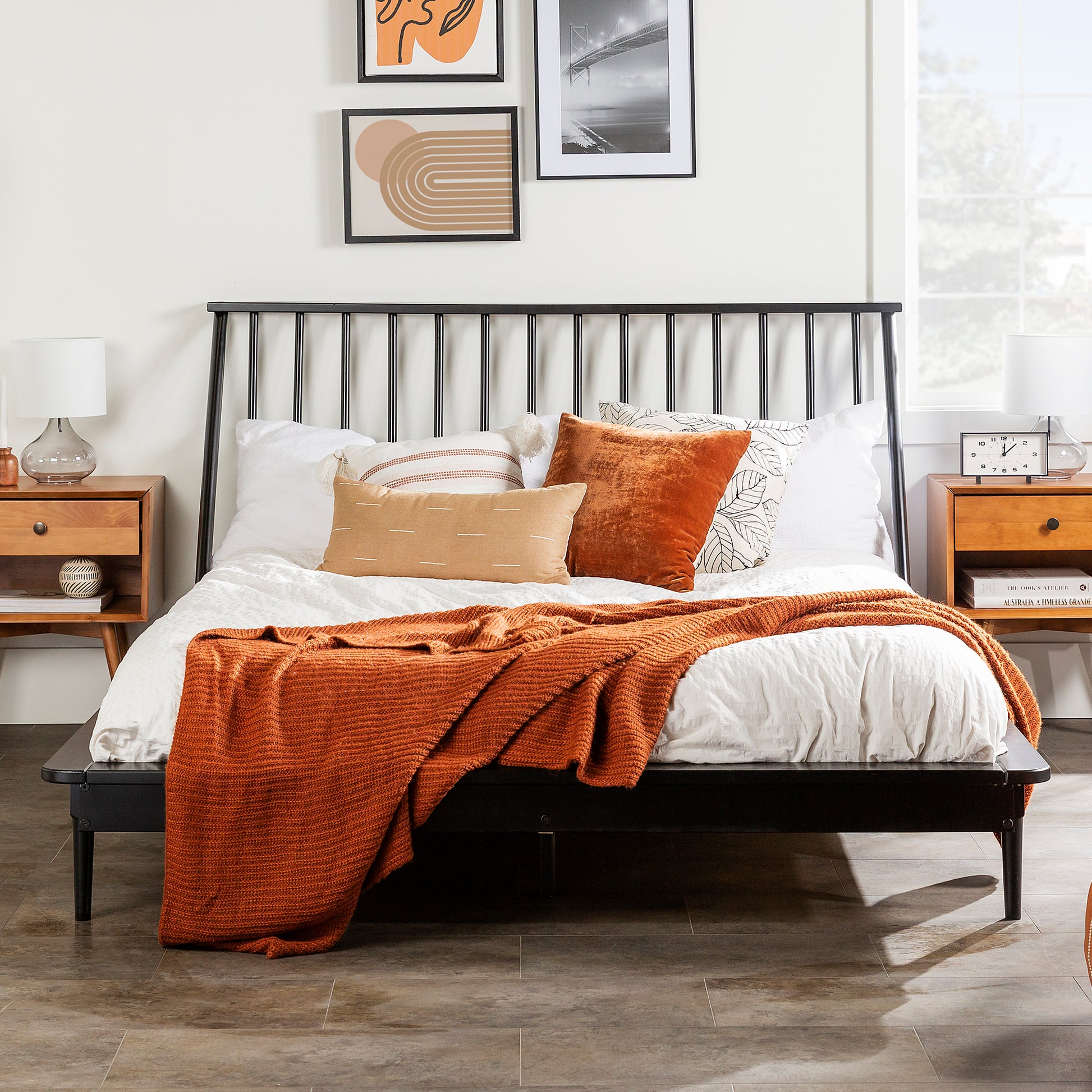 Mid Century Modern Solid Wood Queen Platform Bed Frame With Spindle Headboard Black Black Pine