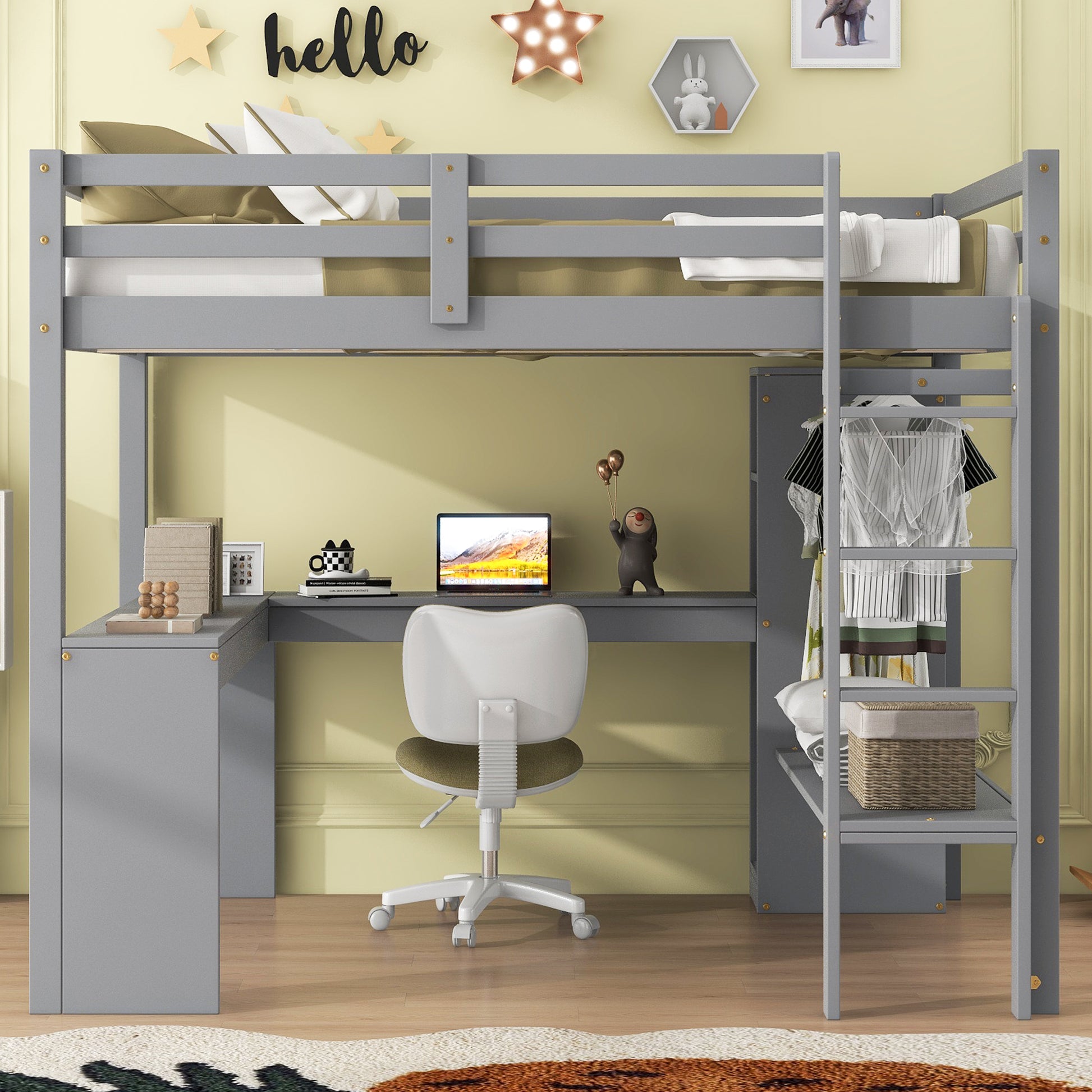 Full Size Loft Bed With L Shaped Desk, Wardrobe And Storage Shelves, Grey Box Spring Not Required Full Grey Wood Bedroom Solid Wood Mdf